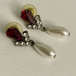Ruby Red and Rhinestone Pearl Drop Costume Earrings